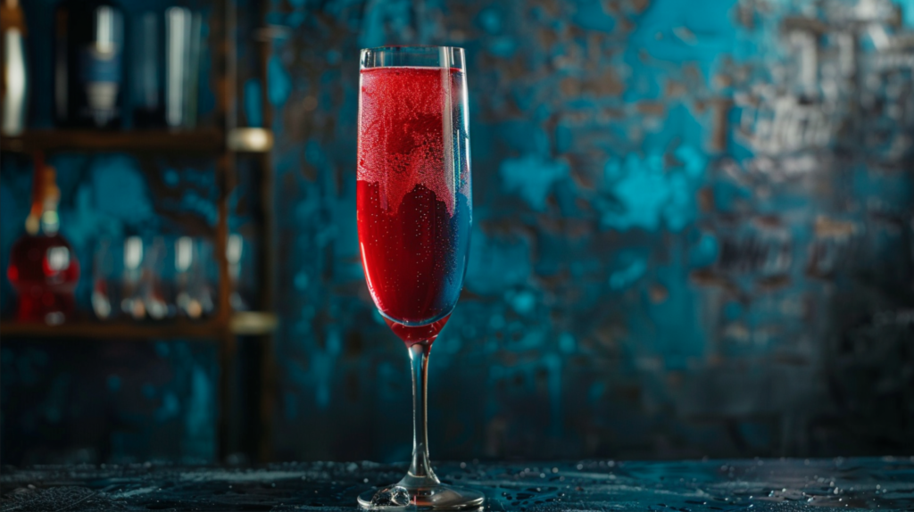 Meet Me at Midnight Champagne Cocktail with dark colored background