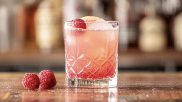 raspberry vodka sour cocktail on a wooden bar top
