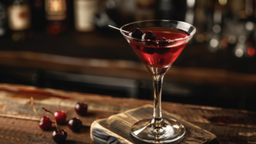 rob roy cocktail on a wooden bar